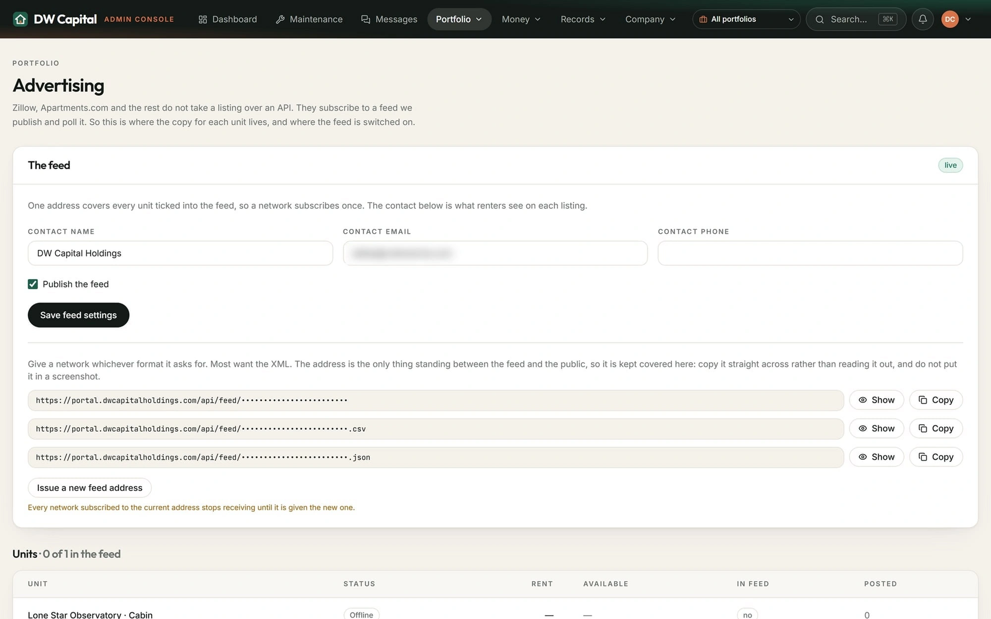 The syndication settings page with the listing feed addresses covered behind a show toggle