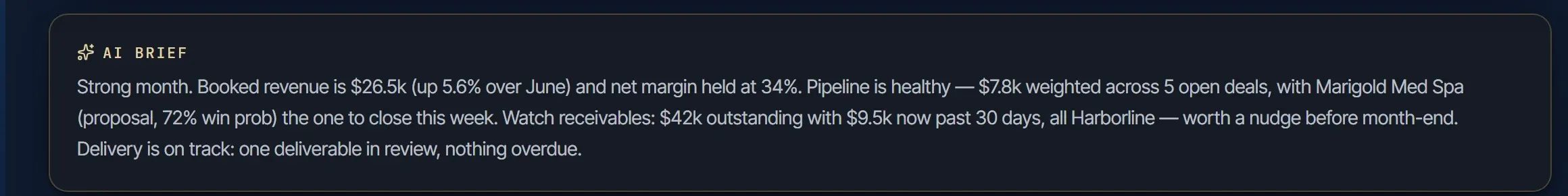 An automated brief summarising the month: booked revenue, margin, pipeline and which receivable is past due