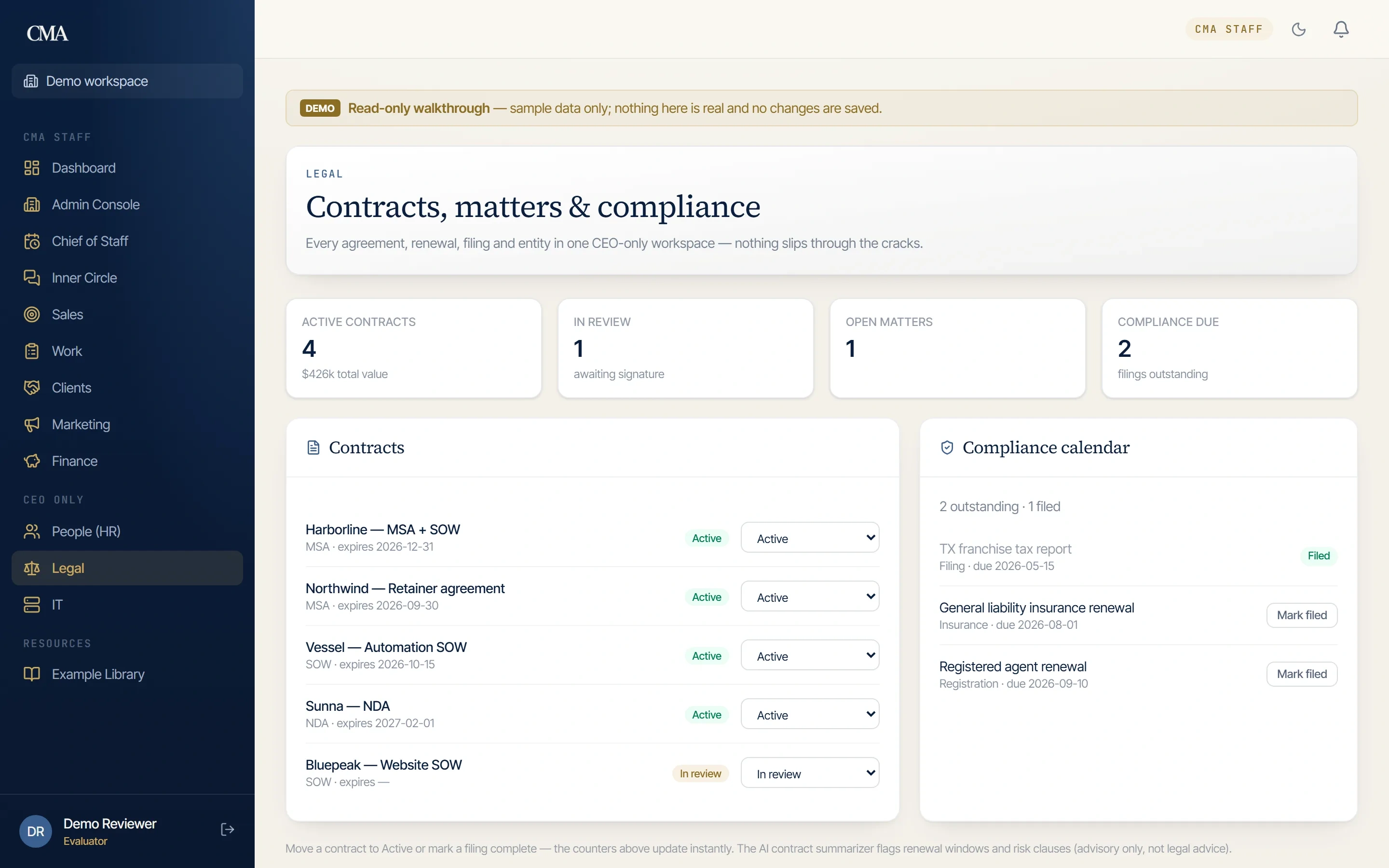 Contracts and signature tracking view