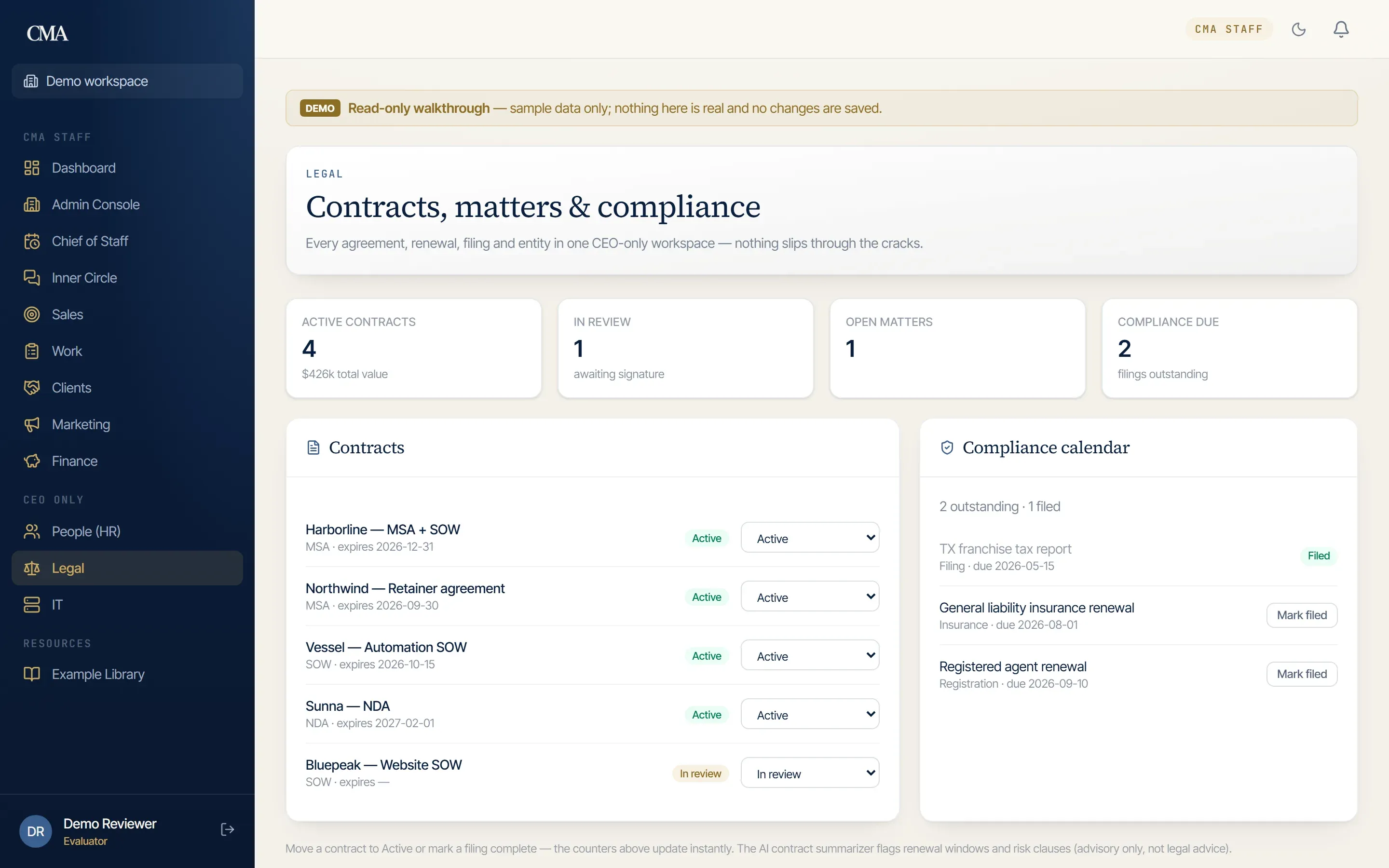Contracts and signature tracking view