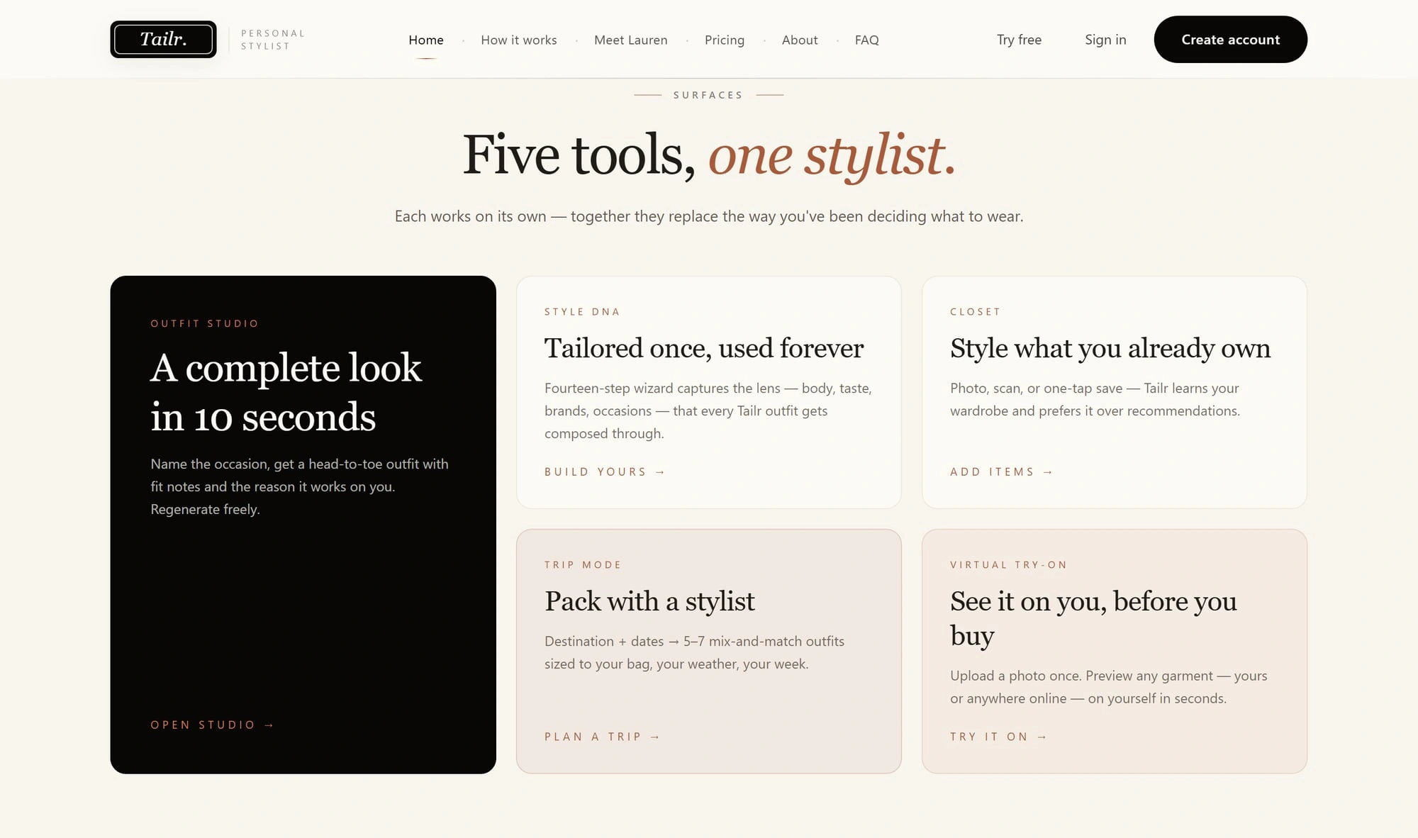 The five Tailr surfaces: Outfit Studio, Style DNA, Closet, Trip Mode and Virtual try-on