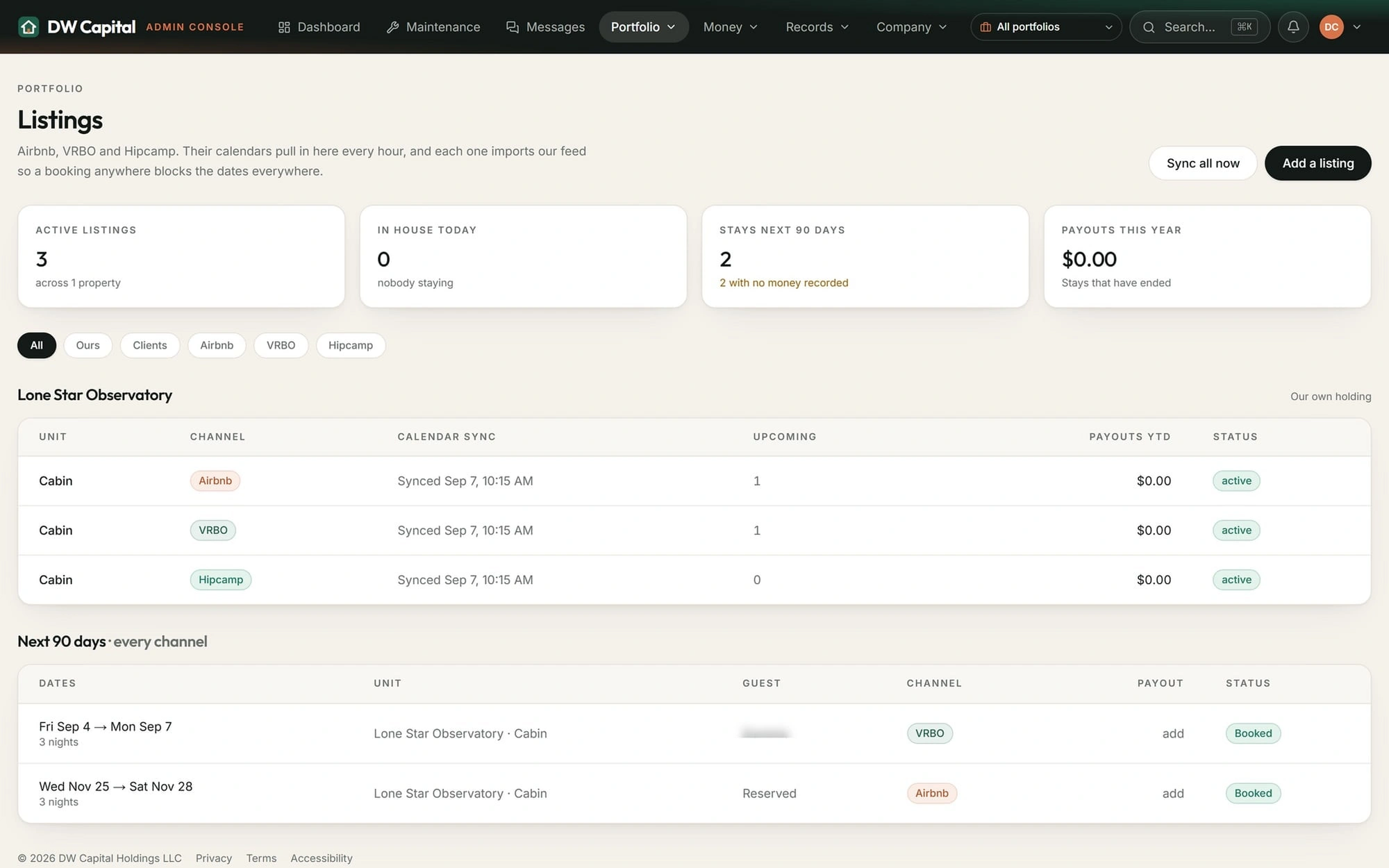 The DW Capital portal listings page showing Airbnb, VRBO and Hipcamp calendars synced for one property