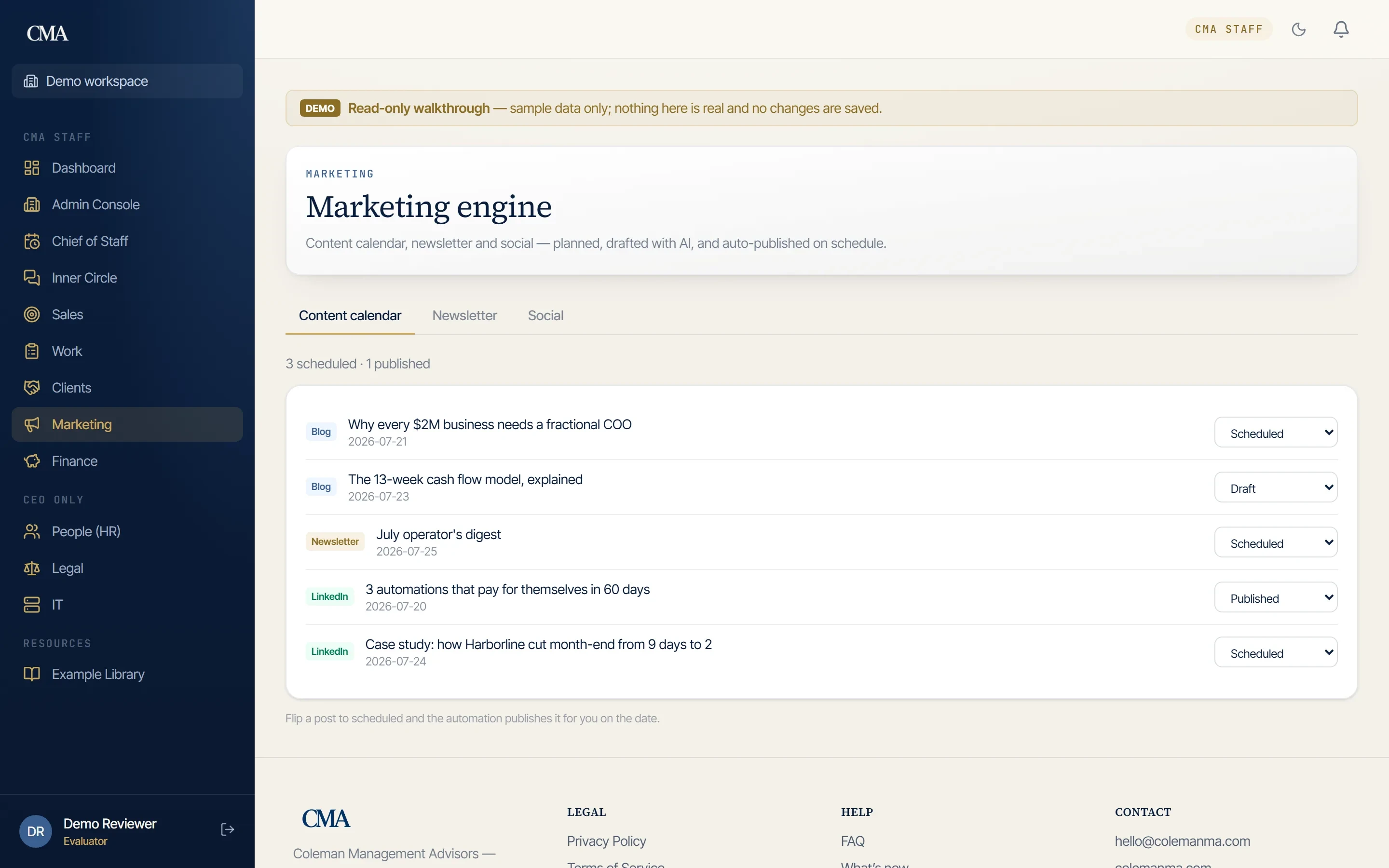 A marketing module inside the platform: a content calendar of scheduled blog posts, a newsletter and social updates, each with its publishing status