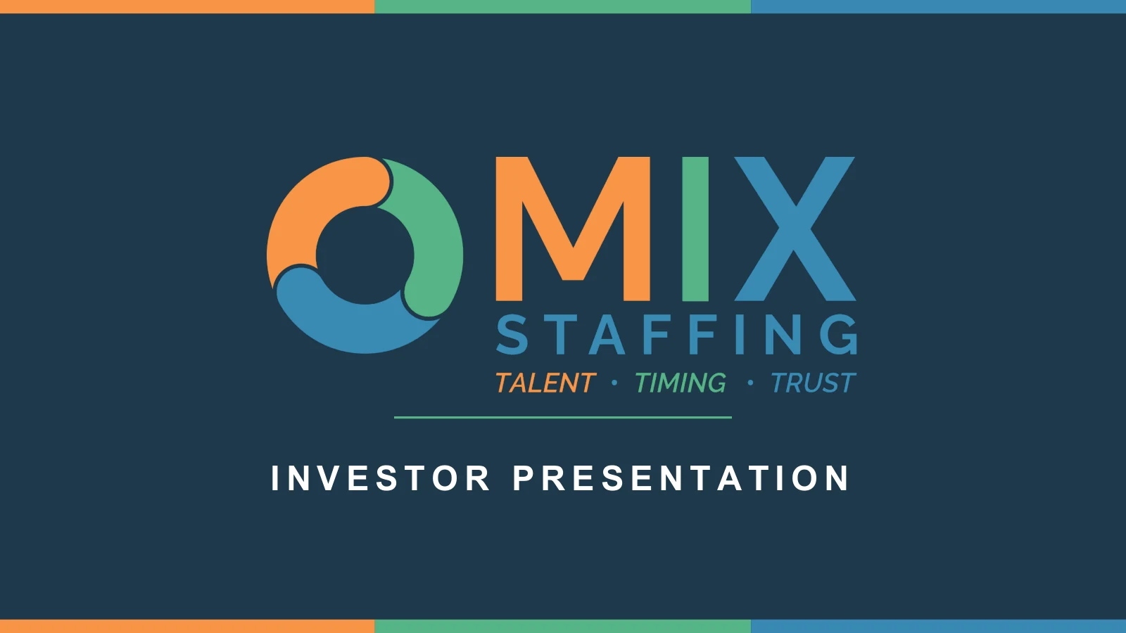 Cover slide of the MIX Staffing investor presentation, with the company logo and the words Talent, Timing, Trust