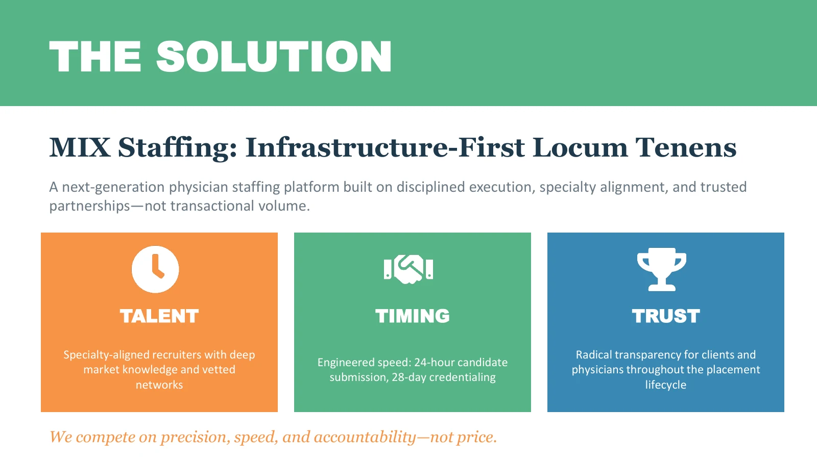 Solution slide from the MIX Staffing deck: three pillars labeled Talent, Timing and Trust