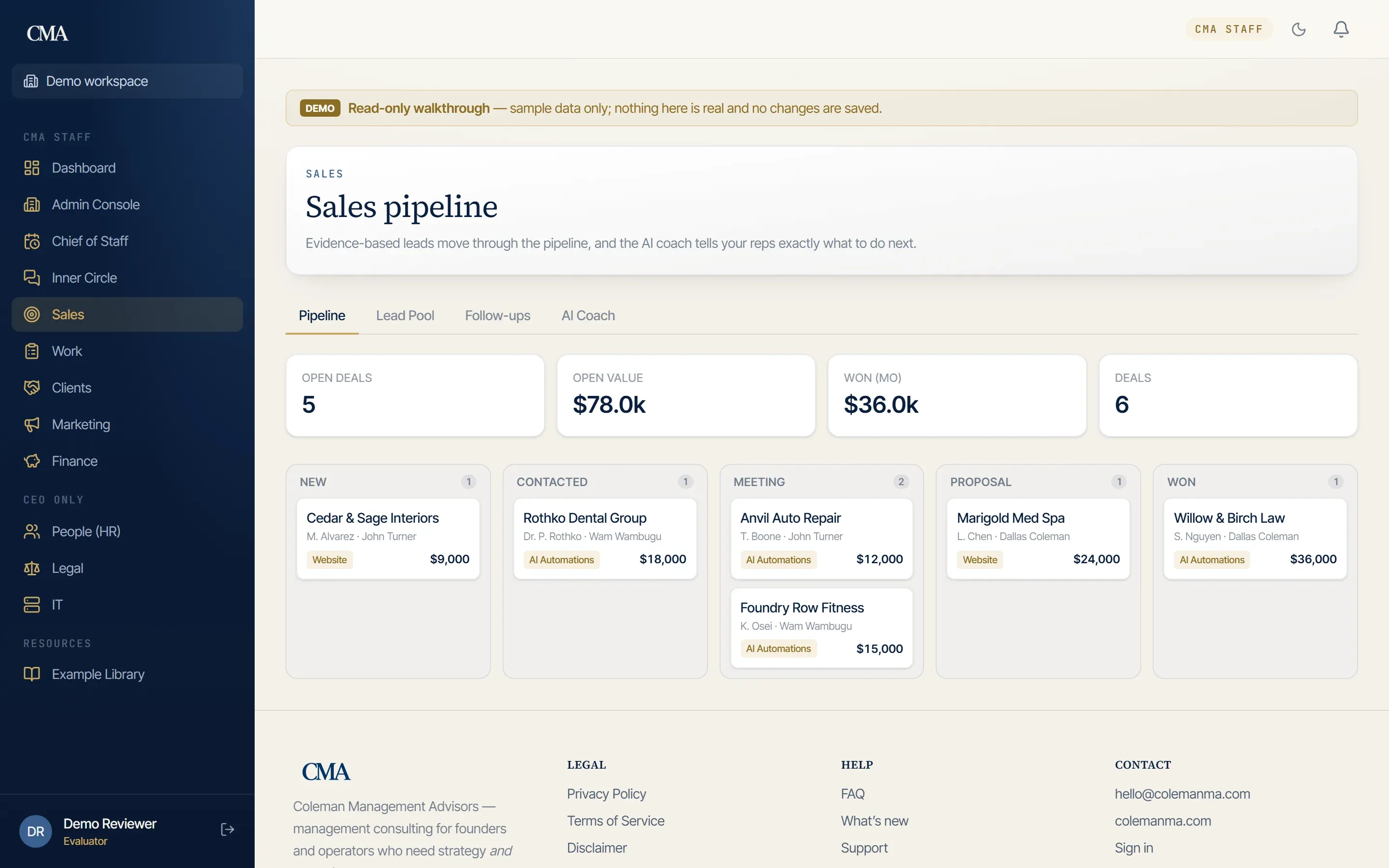 Pipeline view showing deals by stage with weighted values