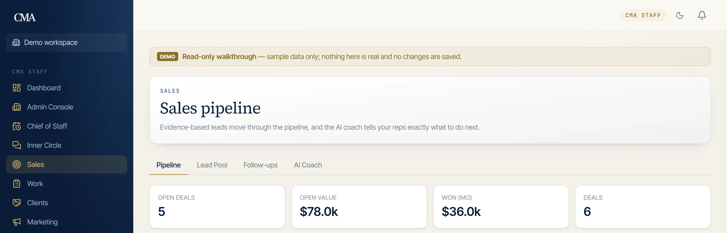 The Sales pipeline view: open deals, open pipeline value, deals won this month and total deals