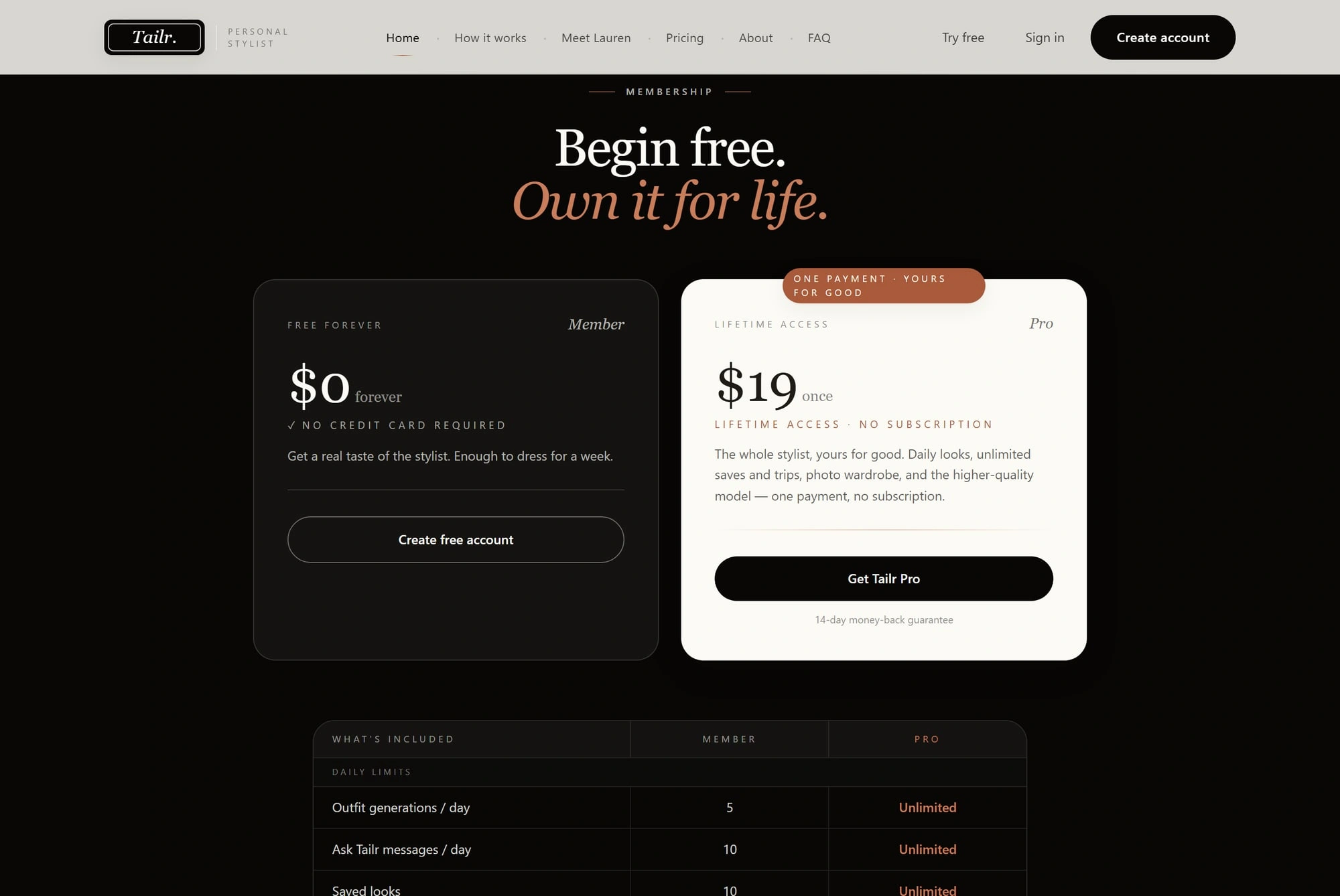 Tailr pricing: a free forever plan alongside a one-time Pro purchase