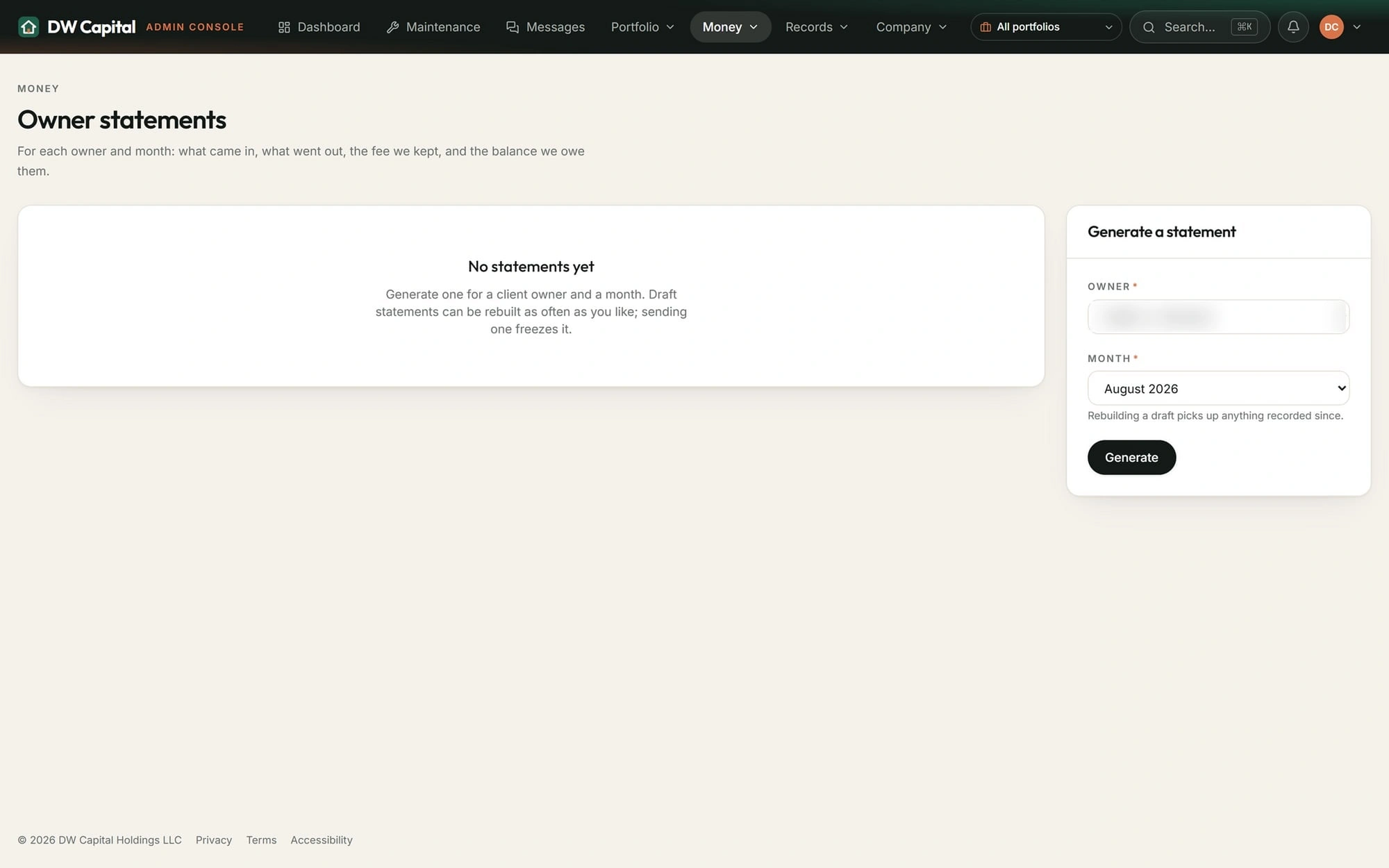 The owner statements screen, with the form that generates a statement for one owner and month