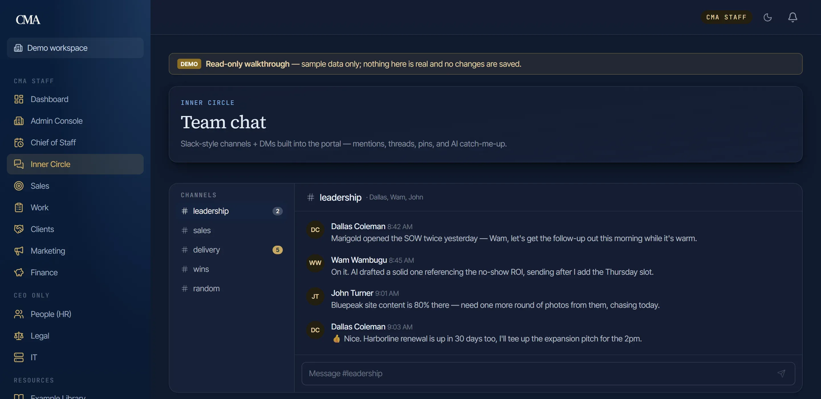 Team chat inside the platform: channels, a leadership thread, and a message composer