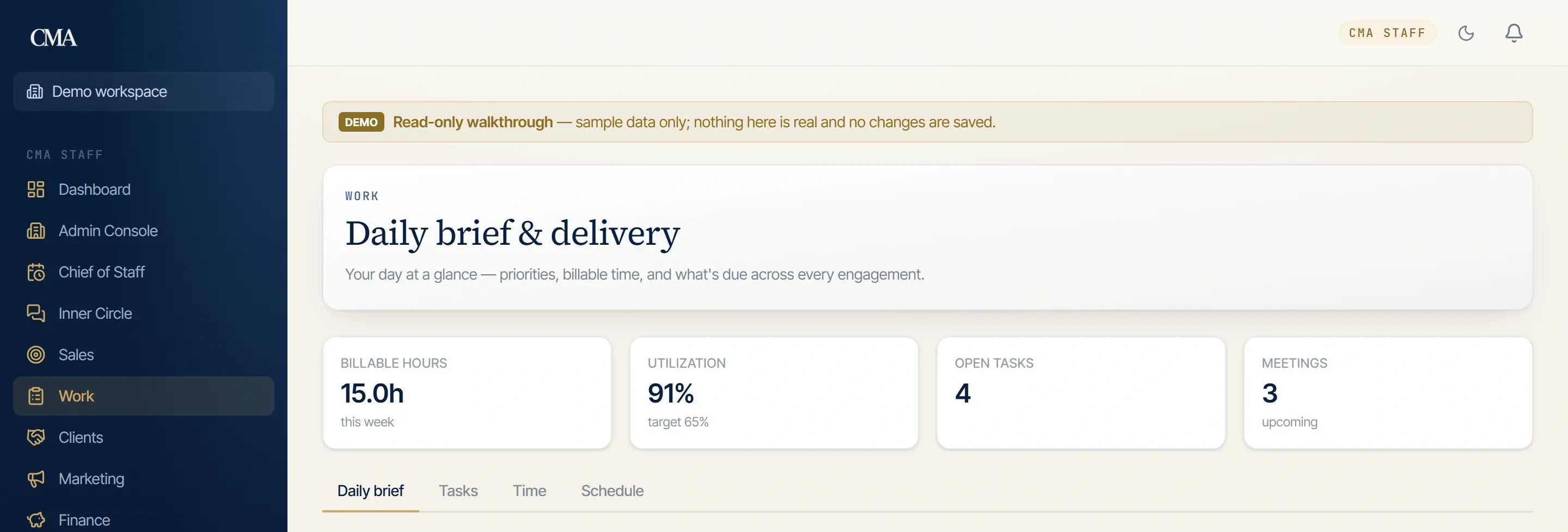 The Work view: billable hours, utilization against target, open tasks and upcoming meetings